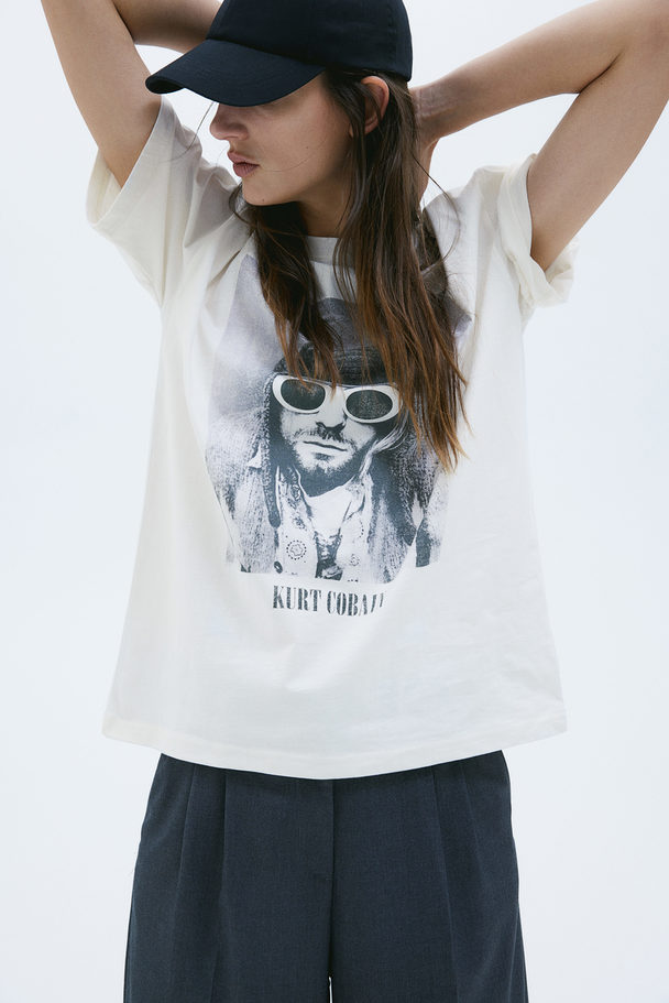 H&M Oversized T-shirt Med Trykk Cream/kurt Cobain