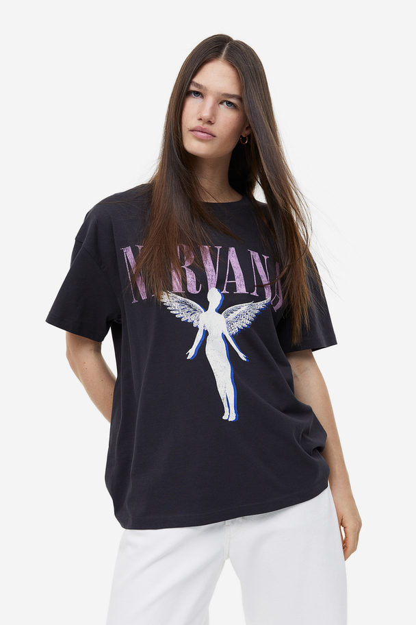 H&M Oversized T-shirt Med Tryk Mørkegrå/nirvana
