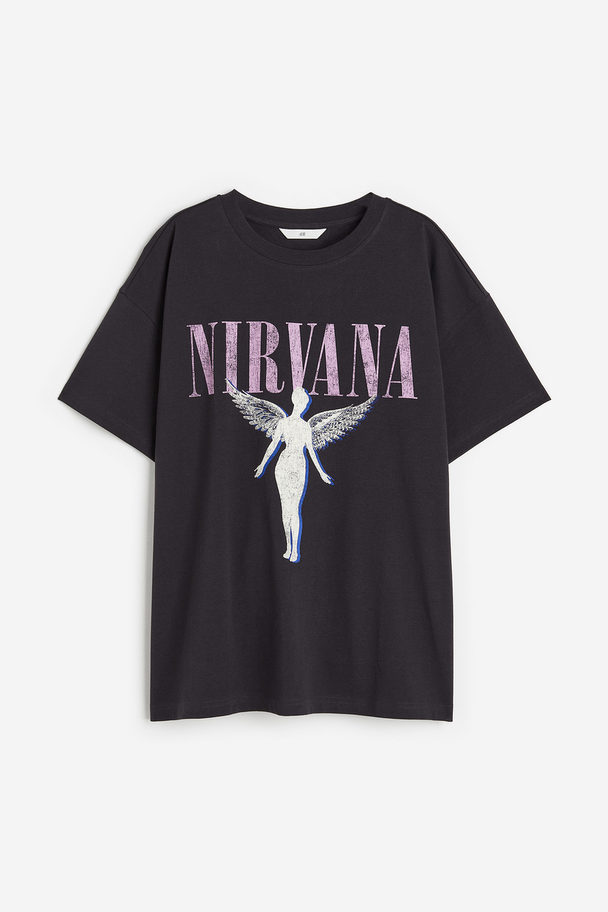 H&M Oversize-T-Shirt mit Druck Dunkelgrau/Nirvana