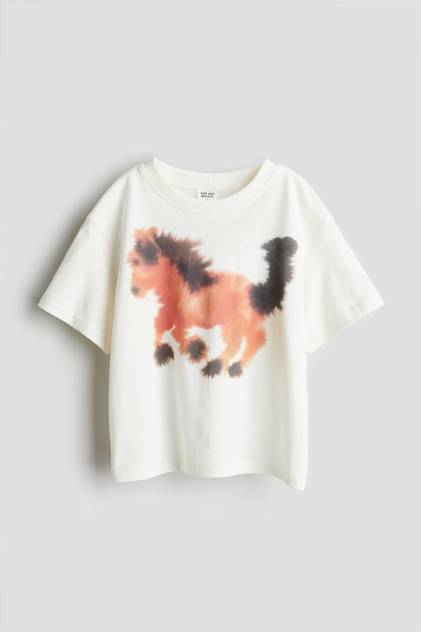 H&M T-shirt Med Dyremotiv Hvit/hest