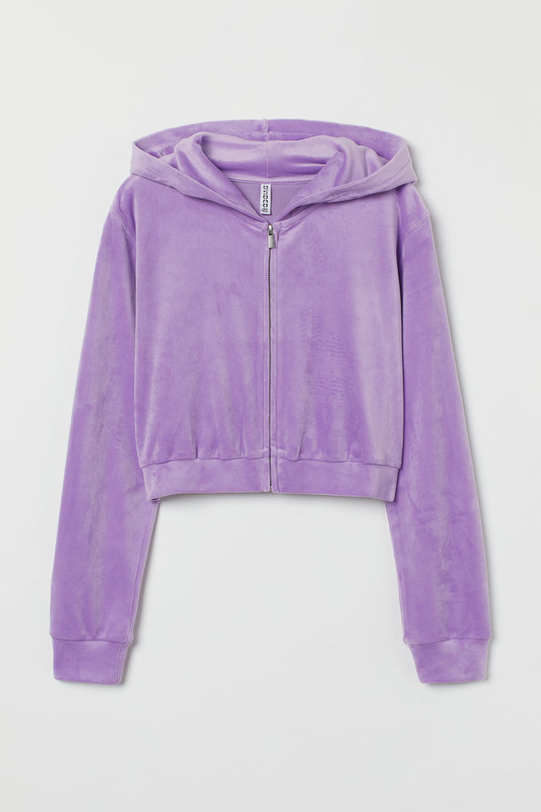 H&M Cropped Velour Zip-though Hoodie Light Purple