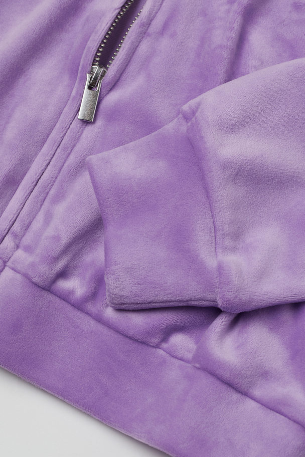 H&M Cropped Velour Zip-though Hoodie Light Purple