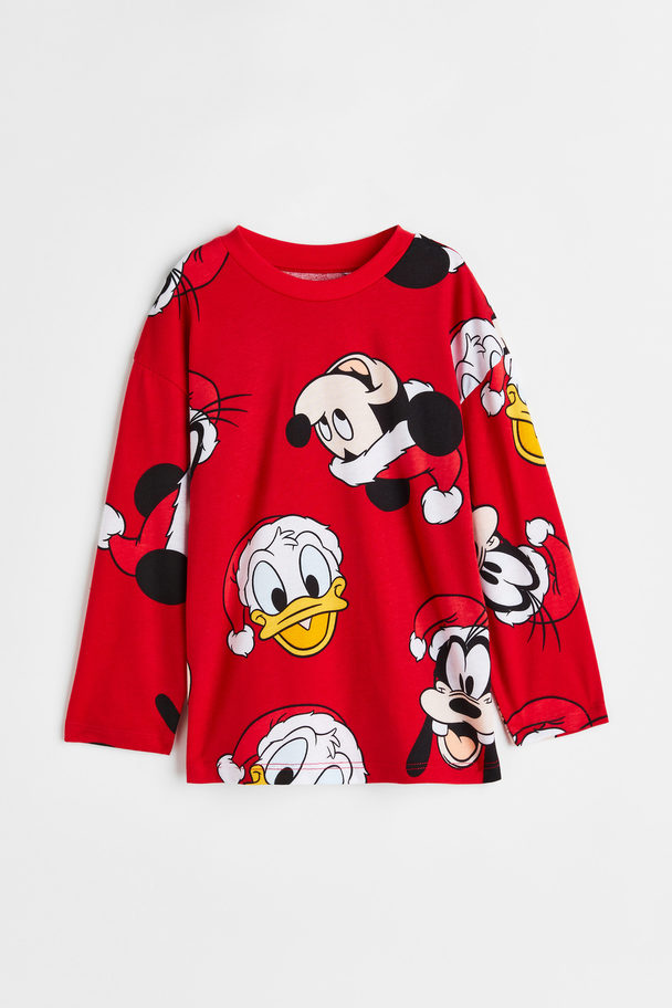 H&M Long-sleeved Printed Top Red/mickey Mouse