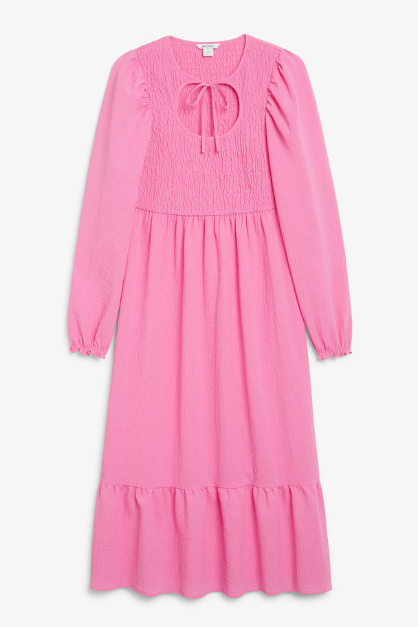 Monki Pink Smocked Puff Sleeve Midi Dress Pink Medium