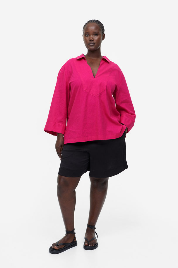 H&M Linen-blend Popover Shirt Cerise