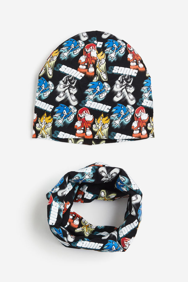 H&M Printed Beanie And Tube Scarf Black/sonic The Hedgehog