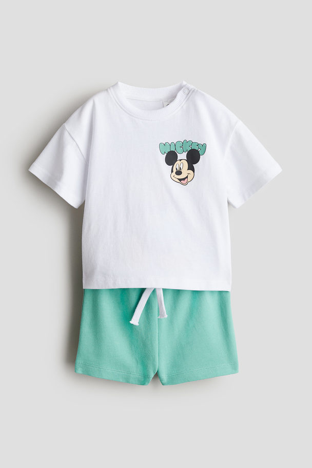 H&M 2-piece Printed Set Turquoise/mickey Mouse