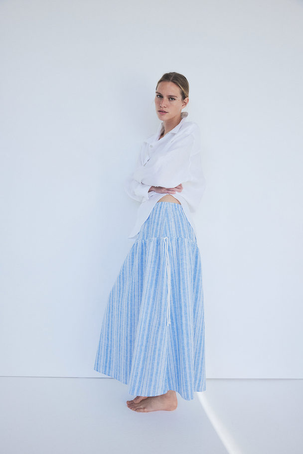 H&M Linen-blend Drawstring-detail Skirt Light Blue/striped