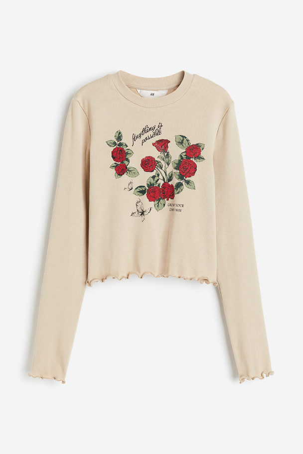 H&M Ribbed Cotton Jersey Cropped Top Beige/roses