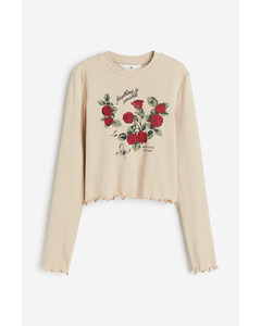 Ribbed Cotton Jersey Cropped Top Beige/roses