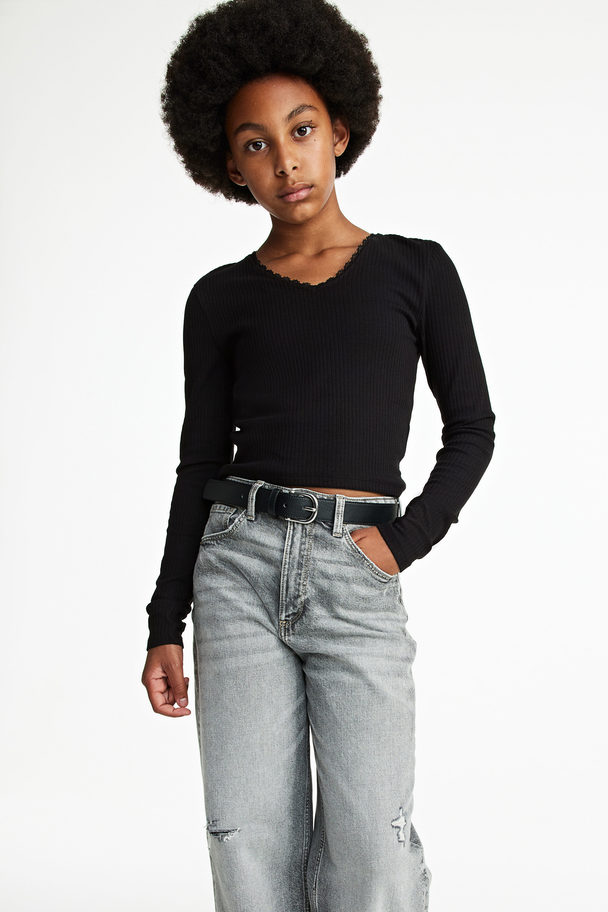 H&M Ribbed Cotton Jersey Cropped Top Black