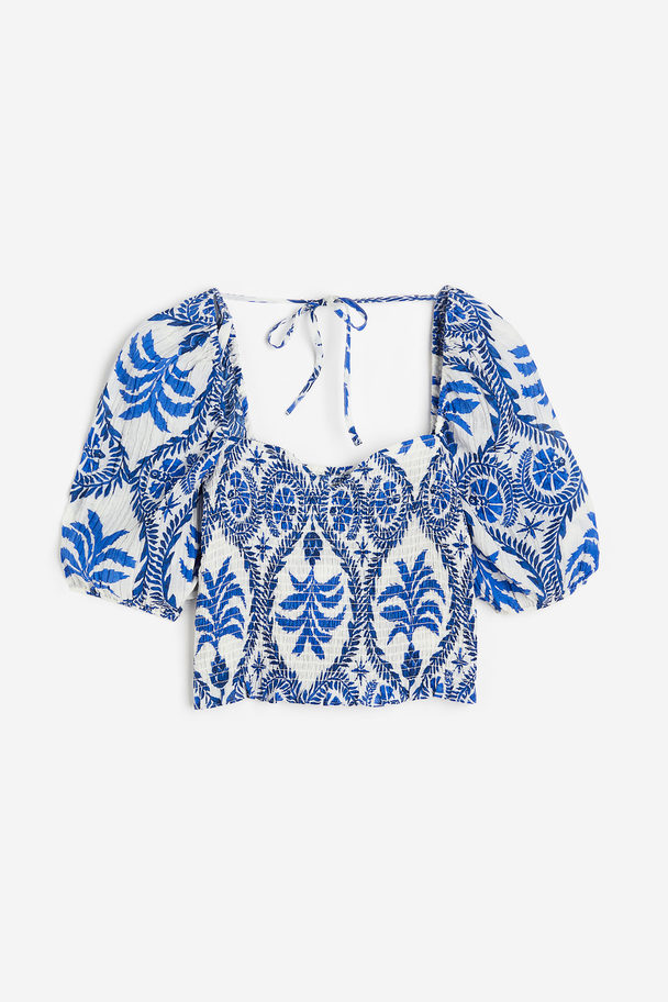 H&M Gesmokte Bluse Weiß/Blau gemustert