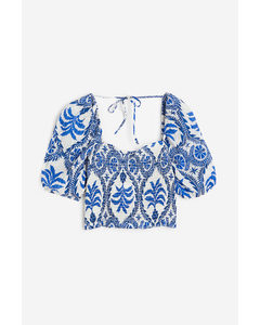 Smocked Top White/blue Patterned