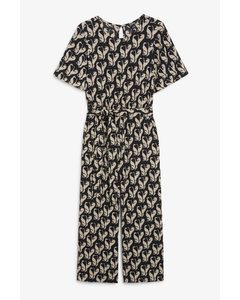 Black Belted Short Sleeve Jumpsuit With Dog Print Dalmatian