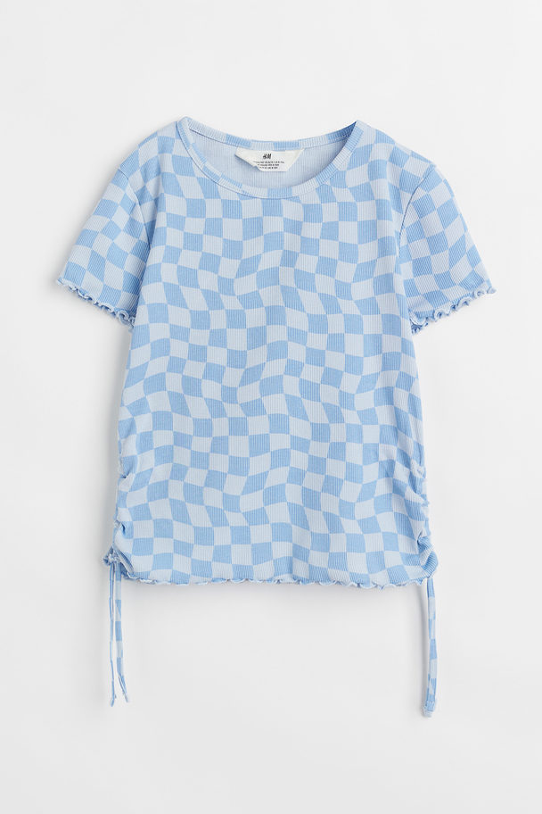 H&M Drawstring-side Jersey Top Blue/checked