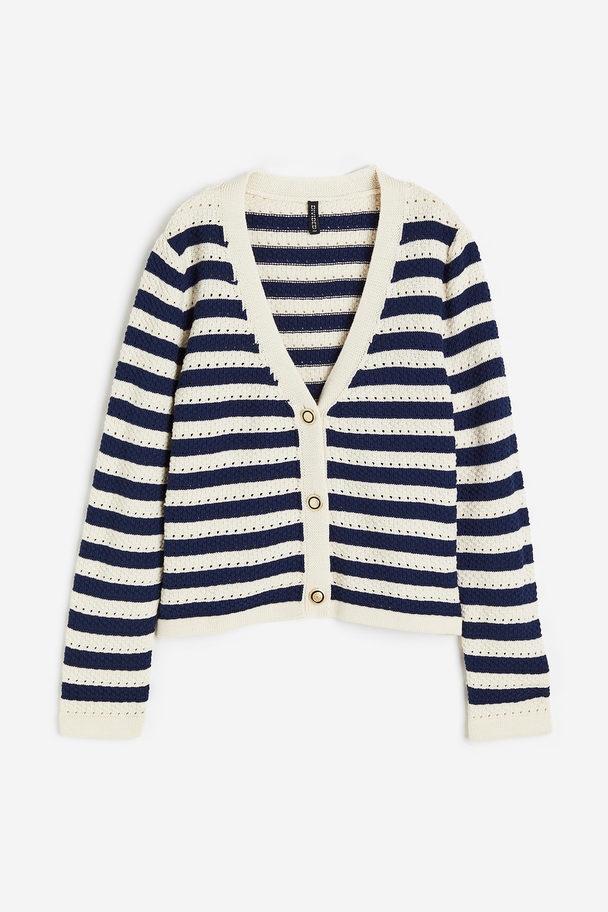 H&M Pointelle-knit Cardigan Dark Blue/striped