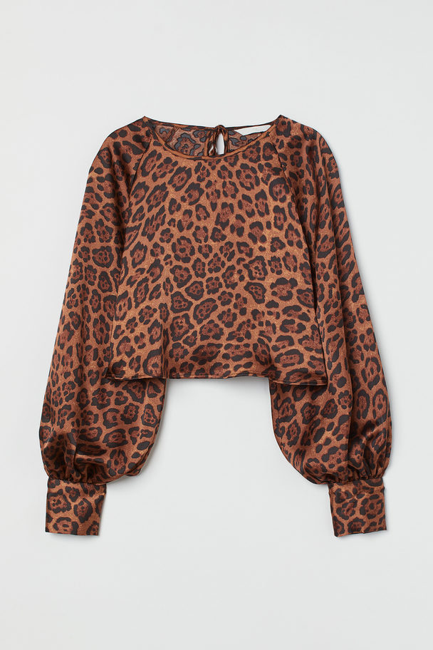H&M Cropped Bluse I Satin Brun/jaguarmønstret