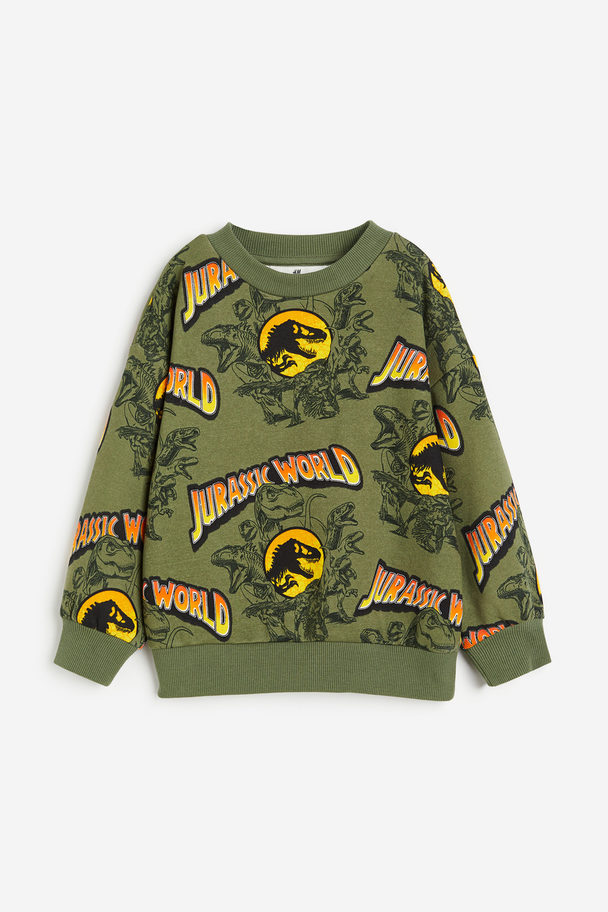 H&M Oversized Printed Sweatshirt Khaki Green/jurassic World