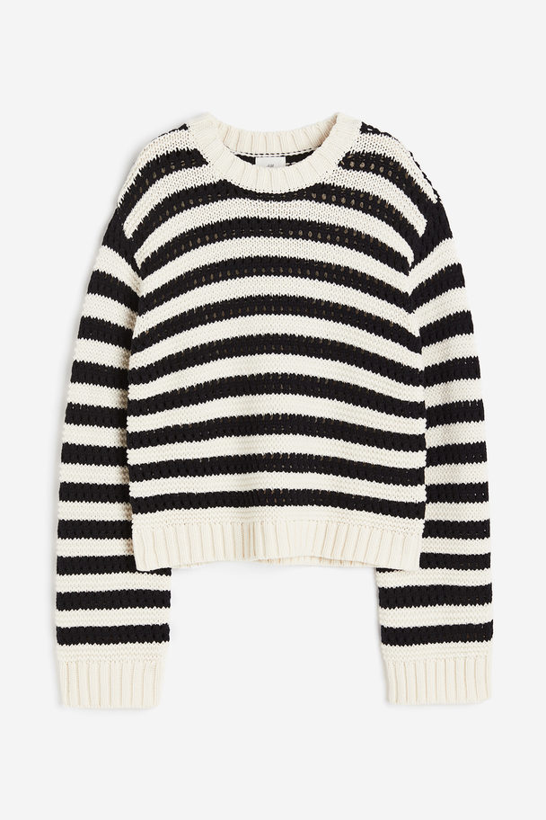 H&M Hole-knit Jumper Cream/black Striped
