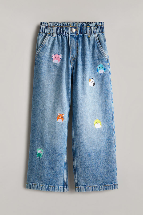 H&M Embroidered-motif Wide Leg Jeans Denimblau/Squishmallows