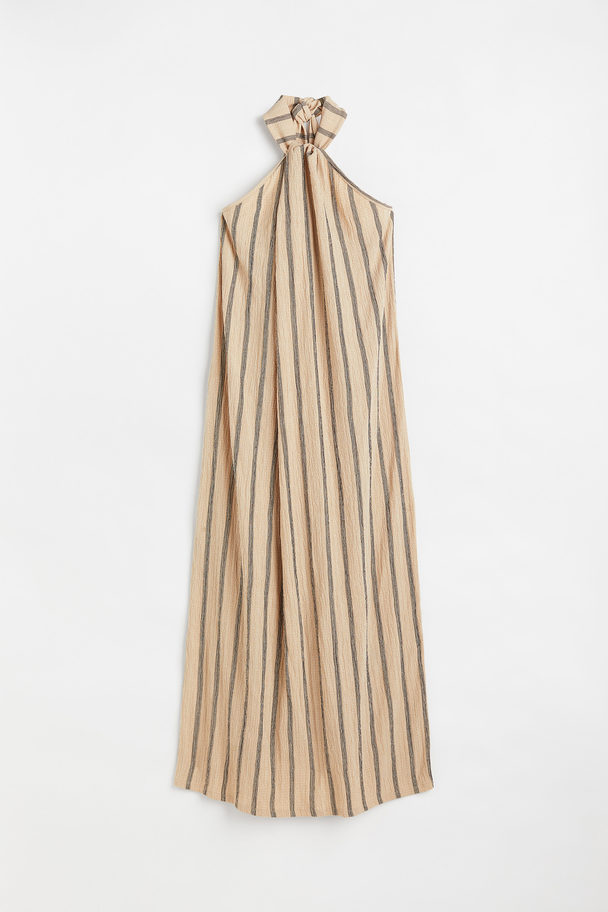 H&M Crinkled Halterneck Dress Light Beige/black Striped