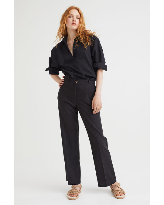 H&M Straight Linen-blend Trousers Black