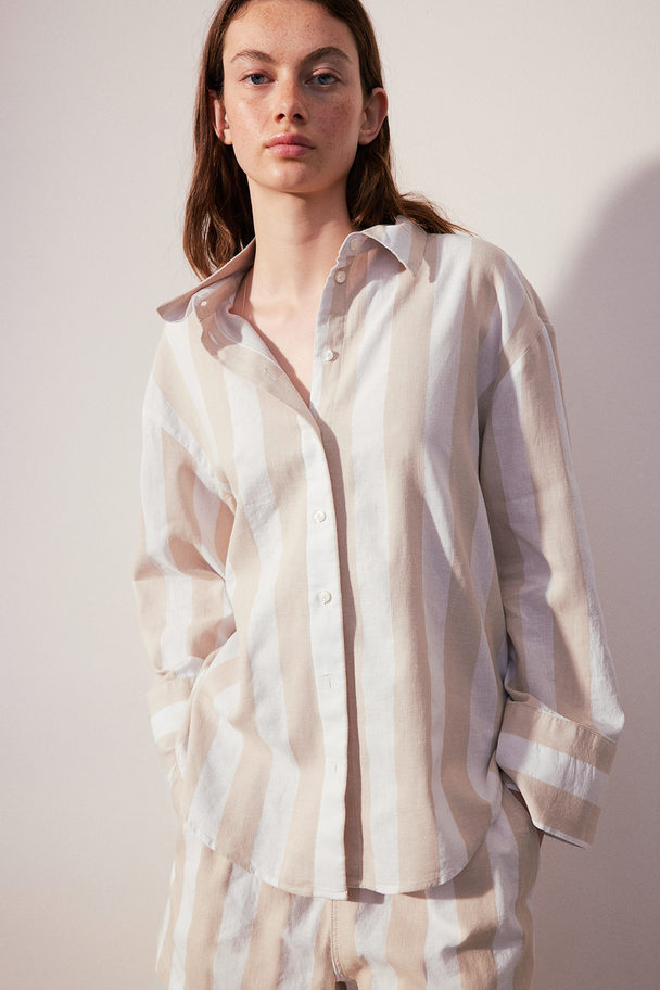 H&M Linen-blend Shirt Light Beige/striped