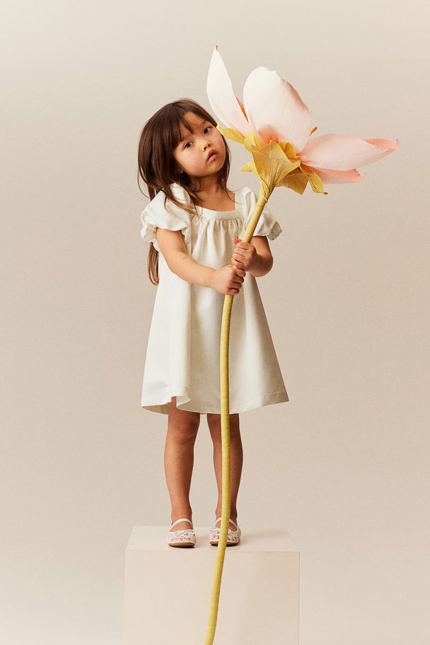H&M Balloon-sleeved Satin Dress White