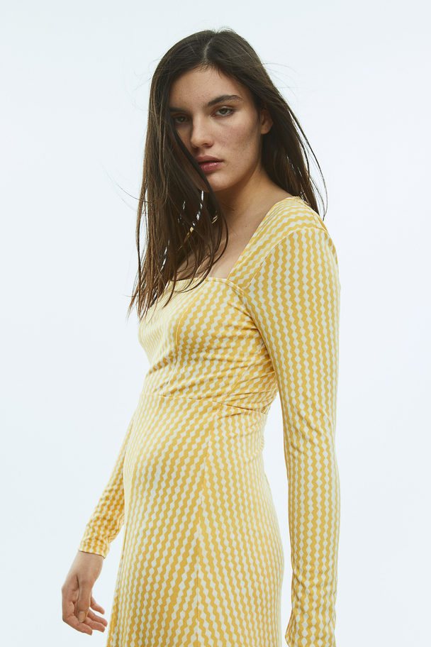 H&M Square-neck Jersey Dress Yellow/patterned