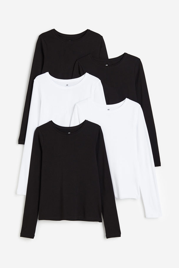 H&M 5er-Pack Jerseyshirts Schwarz/Weiß