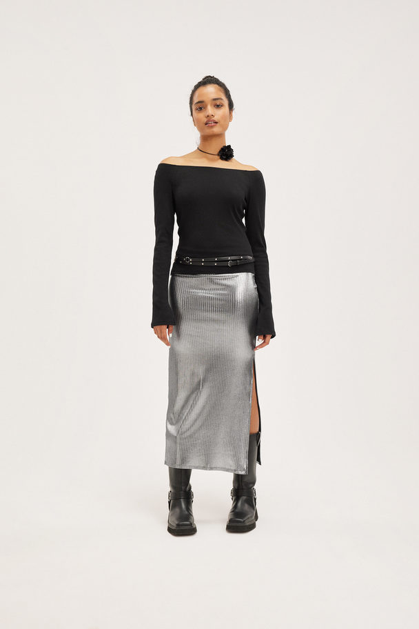 Monki Shiny Ribbed Maxi Skirt Silver