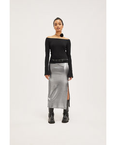 Shiny Ribbed Maxi Skirt Silver