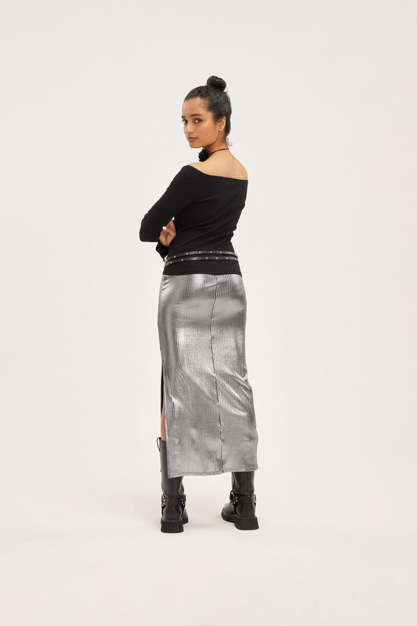Monki Shiny Ribbed Maxi Skirt Silver