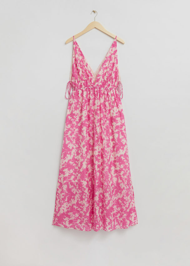 & Other Stories Tie-detailed V-cut Dress Pink/white Patterned
