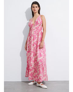 Tie-detailed V-cut Dress Pink/white Patterned