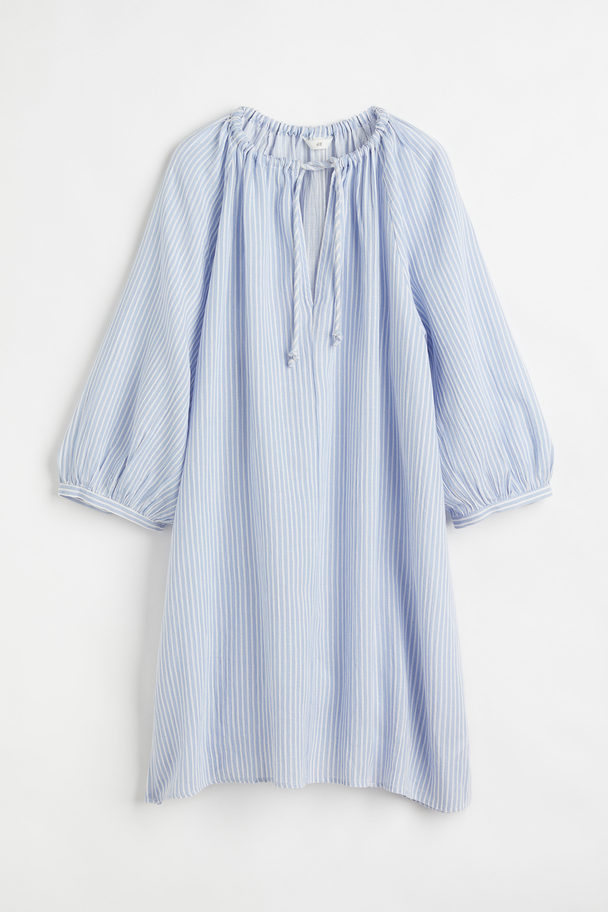 H&M Balloon-sleeved Dress Light Blue/striped