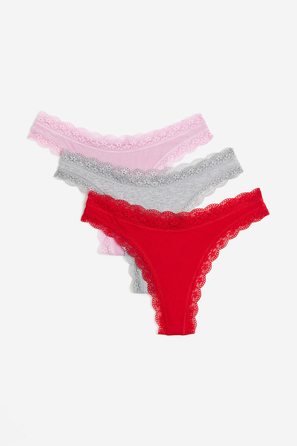 H&M 3-pack Cotton Thong Briefs Red/light Grey Marl