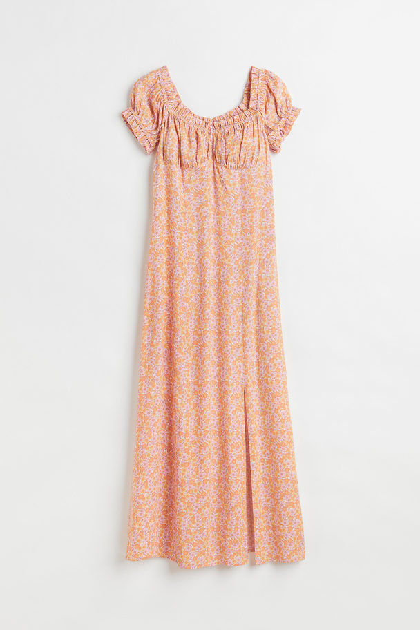 H&M Geblümtes Kleid mit Puffärmeln Orange/Klein geblümt