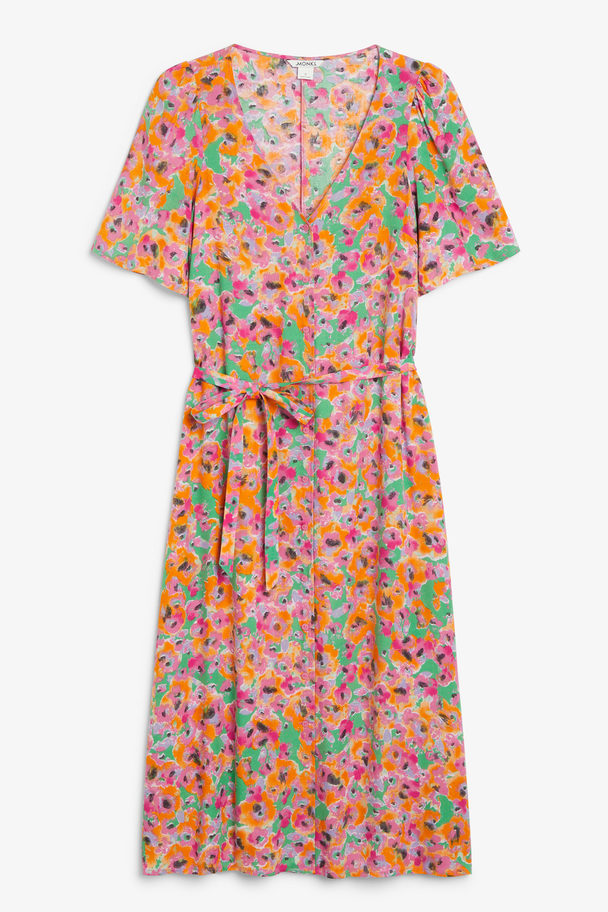 Monki Gebloemde Midi-jurk Met V-hals En Knopen Roze Met Bloemen
