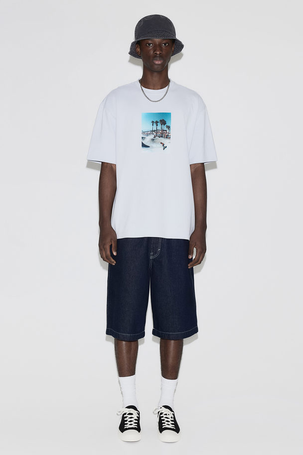 H&M T-shirt Met Print - Loose Fit Lichtblauw/skater