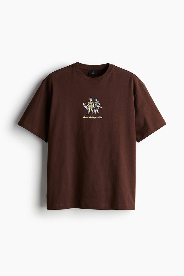 H&M Loose Fit Printed T-shirt Brown/love Laugh Live