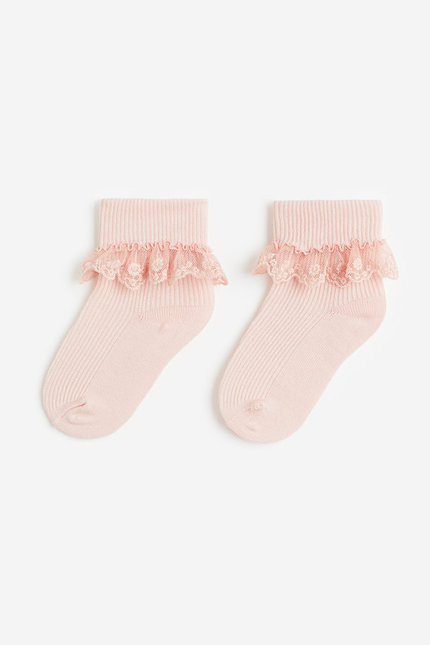 H&M 2-pack Lace-trimmed Socks Light Pink