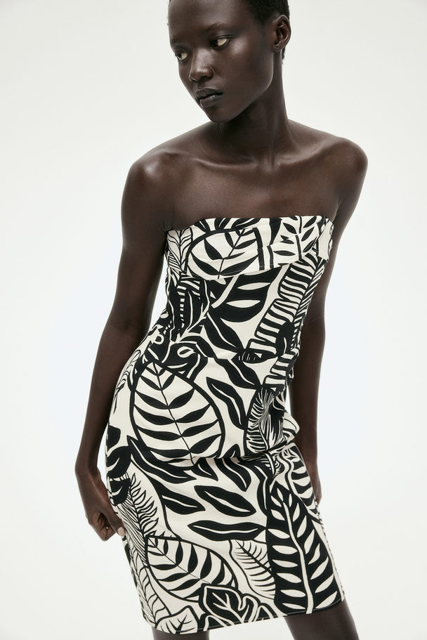 H&M Linen-blend Bandeau Dress Cream/leaf Print