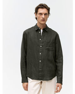 Regular-fit Linen Shirt Dark Green