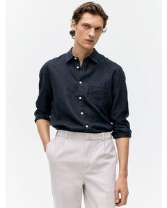 Regular-fit Linen Shirt Dark Blue