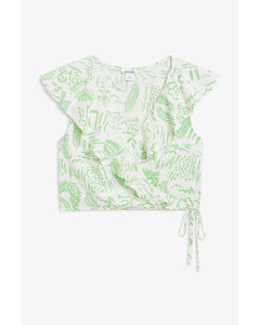 Frilled Wrap Top Green Jungle Illustration