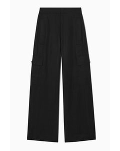 Wide-leg Linen-blend Cargo Trousers Black