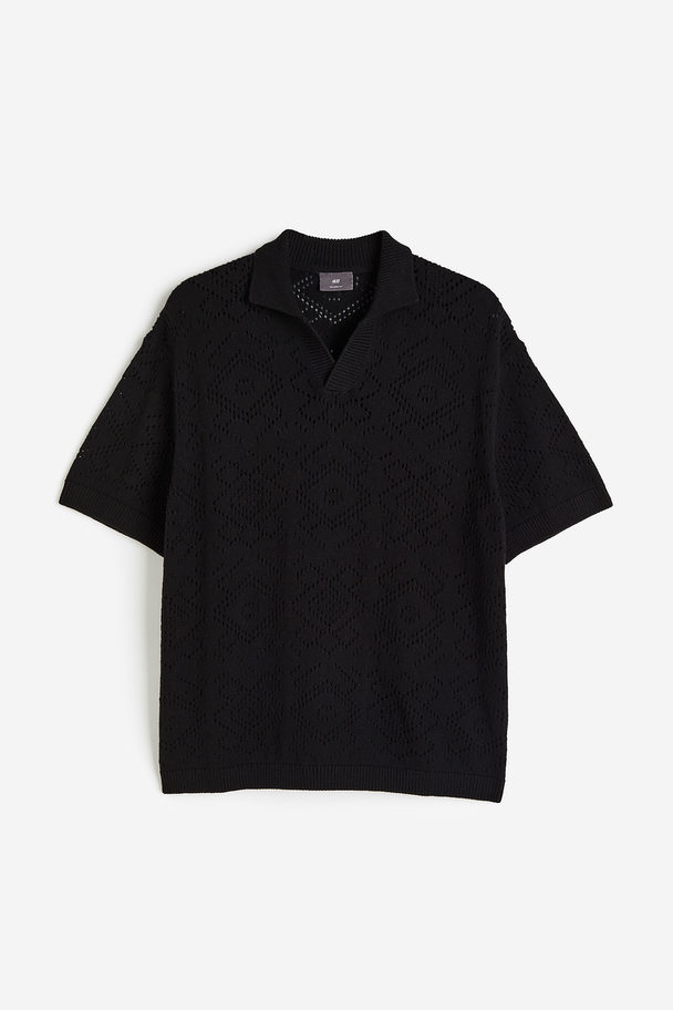 H&M Poloshirt Met Gehaakte Look - Relaxed Fit Zwart