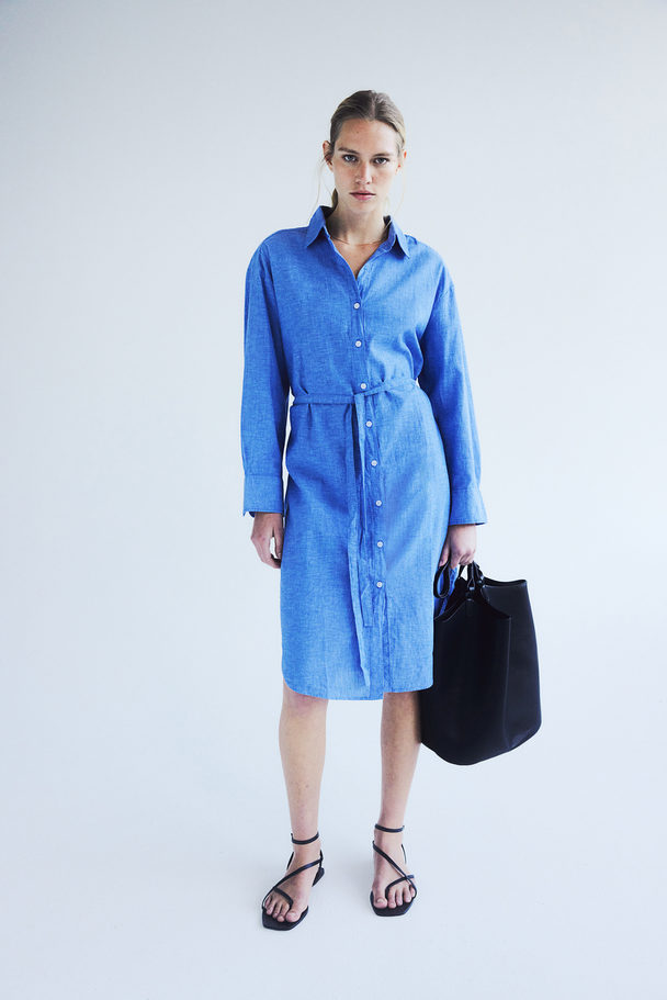 H&M Linen-blend Shirt Dress Blue
