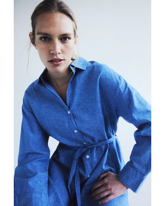 Linen-blend Shirt Dress Blue